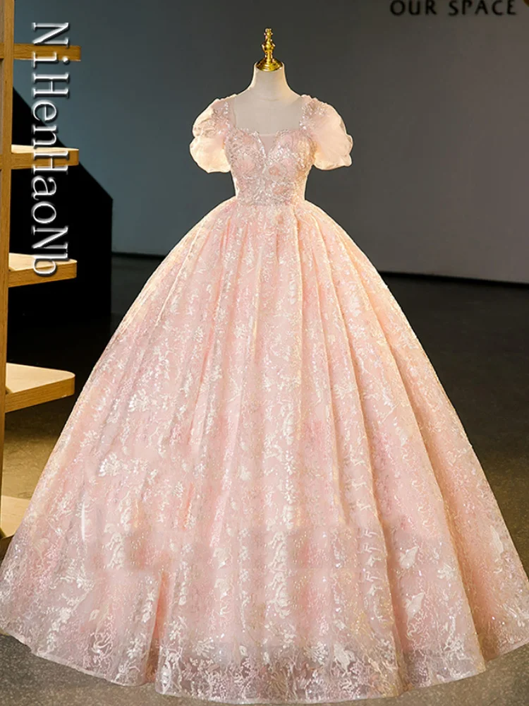 

Pink Quinceanera Dresses Ball Gown Short Sleeve Tulle Appliques Sweet 16 Dresses 15 Anos