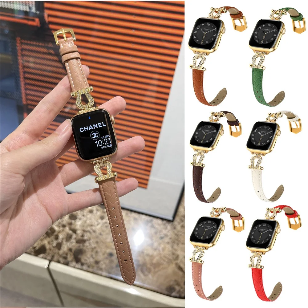 

Dazzing Zinc Alloy+Rhinestone+Cowhide Leather Strap for Apple Watch Ultra 49mm Series 8/7/SE 45mm 41mm "U" Type Strap for Iwatch