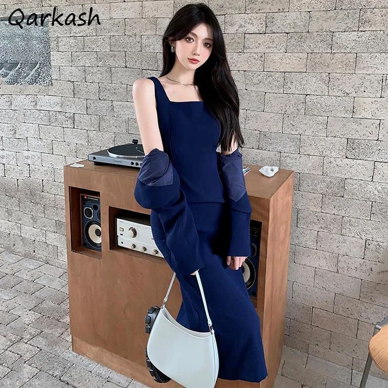 

Dresses Women Solid Vintage Breathable Summer Elegant Mid-calf Ulzzang A-line Inside Spaghetti Straps Fashion Daily Vestidos New