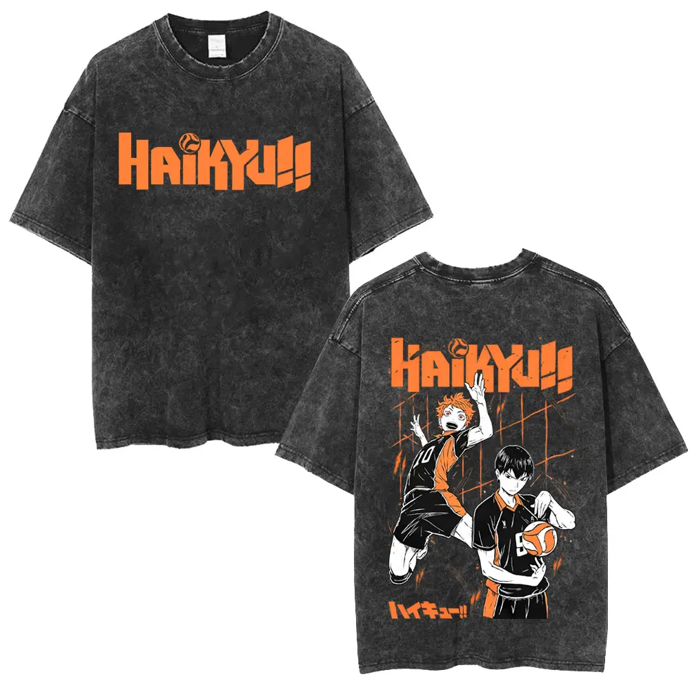 Фото Винтажная футболка унисекс с принтом аниме Haikyuu Hinata Shoyo и Tobio Kageyama, оверсайз, хлопок №1