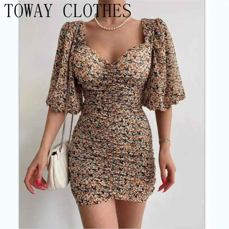 

Женское шифоновое платье с рукавами-фонариками и цветочным принтом