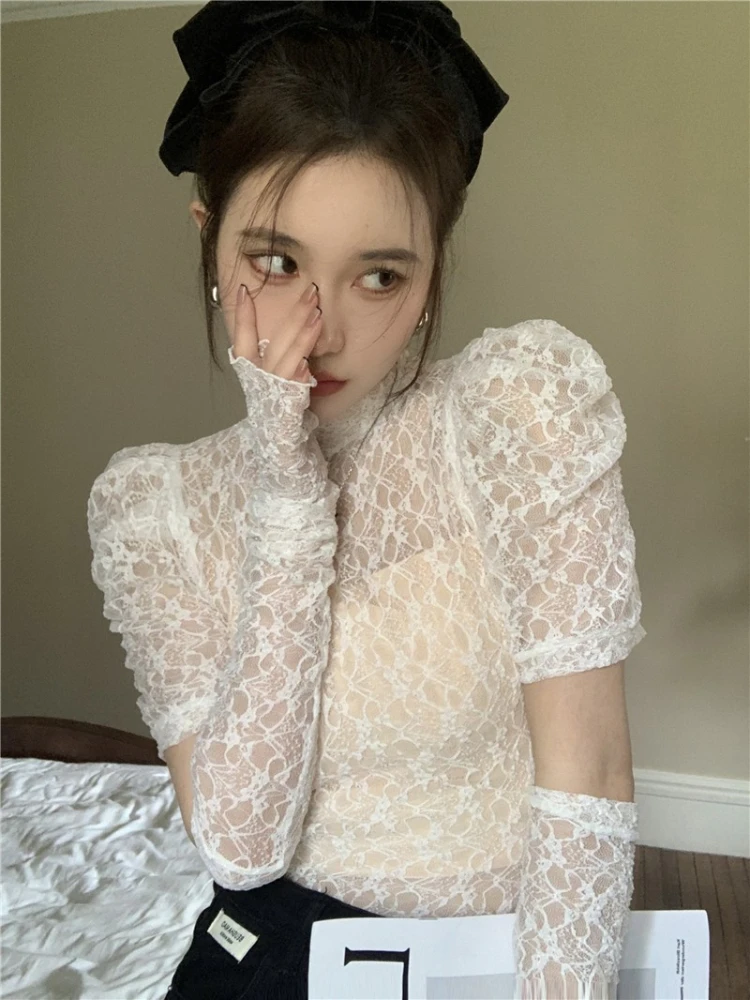 

Irabeezt французская кружевная рубашка с пышными рукавами, Женская облегающая блузка, женские летние шифоновые рубашки с высоким воротником, т...