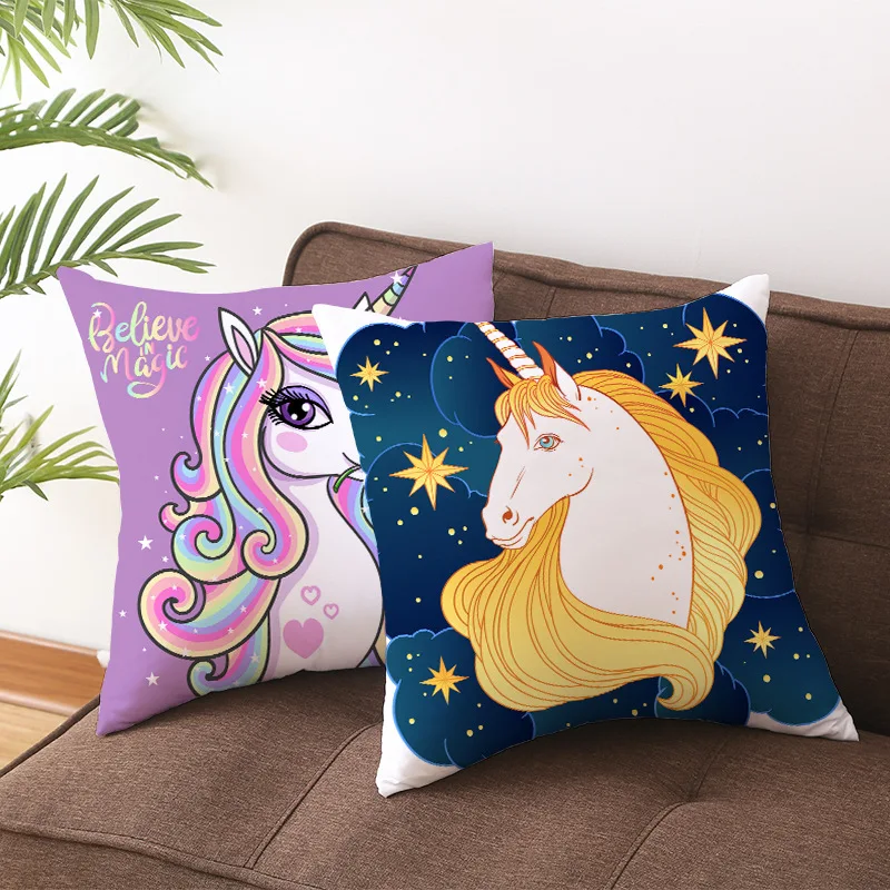 

45x45cm Time Cartoon Polyester Pillow Case Purple Unicorn Pillowcase Rainbow Sunrise Sofa Cushion Cover Home Decor Gifts