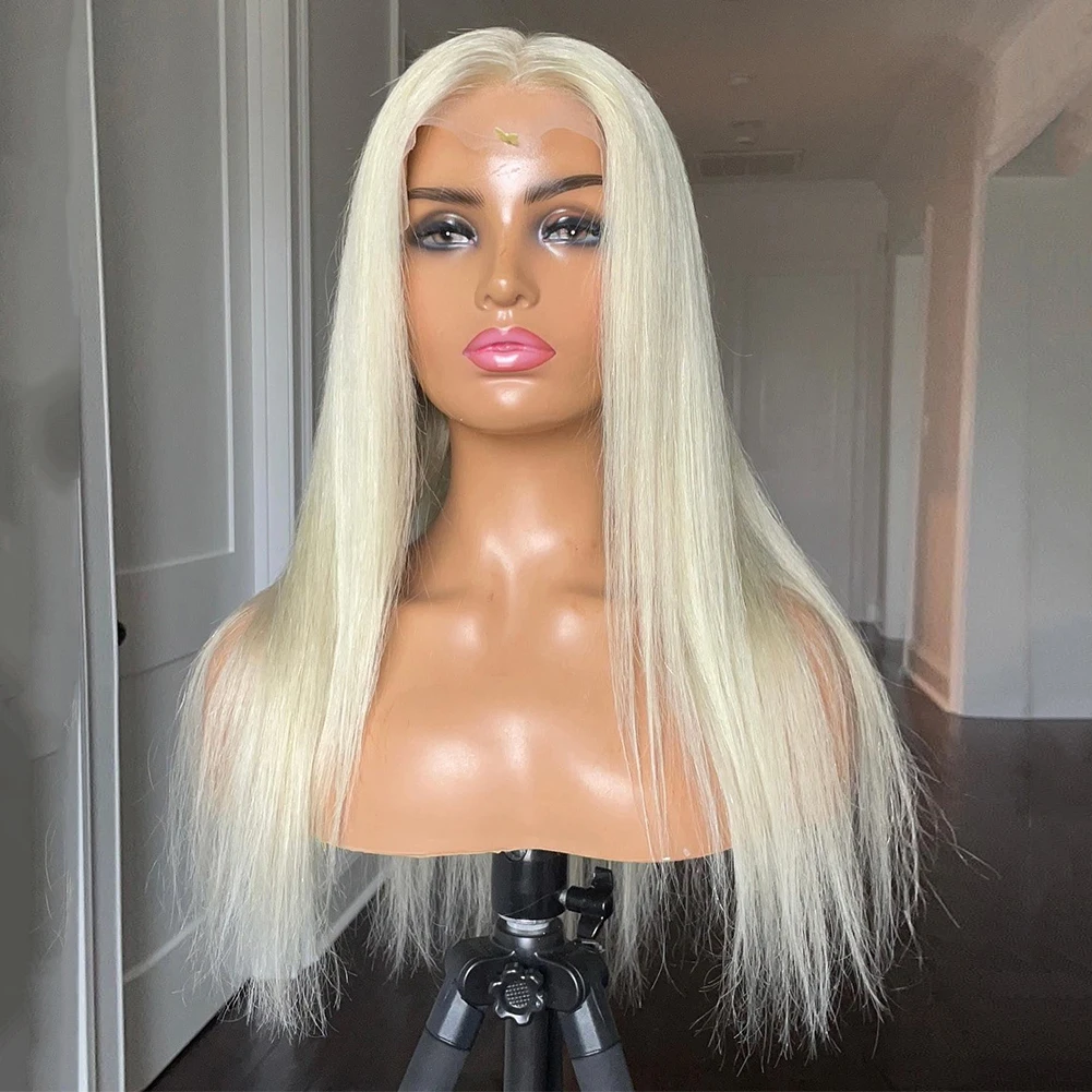 Парик Платиновый светлый полноценный из человеческих волос для женщин #60, парик с прямыми кружевами Ftont, Детские волосы, предварительно выщипанные, 13x6 Hd, парик на сетке спереди