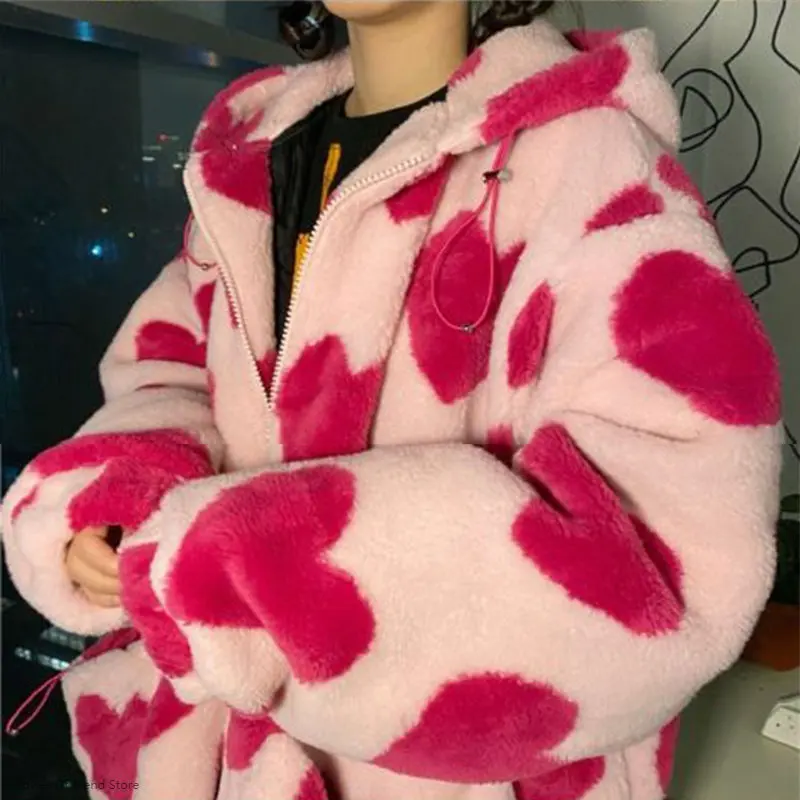 

Женская теплая фланелевая куртка на молнии с капюшоном и принтом сердца, зимняя парка в стиле Харадзюку из овечьей шерсти, розовая Японская ...