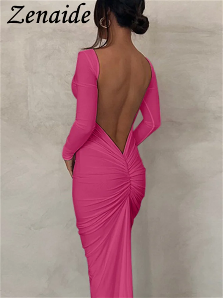 

Zenaide 2022 Autumn Long Sleeve Backess Maxi Dress Pink Women Ruched Sexy Party Evening Clubwear Cut Out Bodycon Dresses