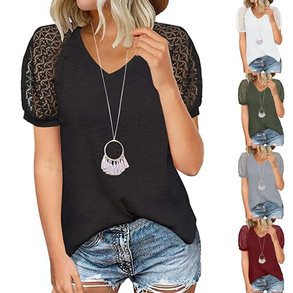 

Женская футболка Летняя Базовая длинная футболка Топ Женская однотонная с V-образным вырезом кружевная привлекательная Повседневная Женск...