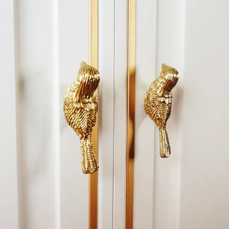 Modern Copper Bird Shaped Handles Golden Solid Brass Cabinet Door Knobs Dresser Pullers DIY Furniture Handle Hardware