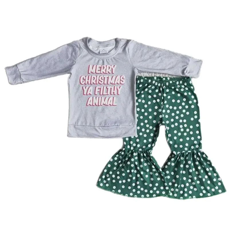 

Baby Girl Clothes Letter Gray Long Sleeve Top And Green Bell Pants Set Rts Children Christmas Costume Outfits