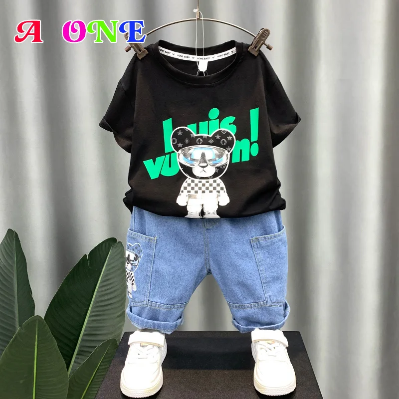

summer boys set baby clothing kids clothes children t-shirt + short 2 pcs set fashion Trendy bear + denim shorts baby set 2-12y