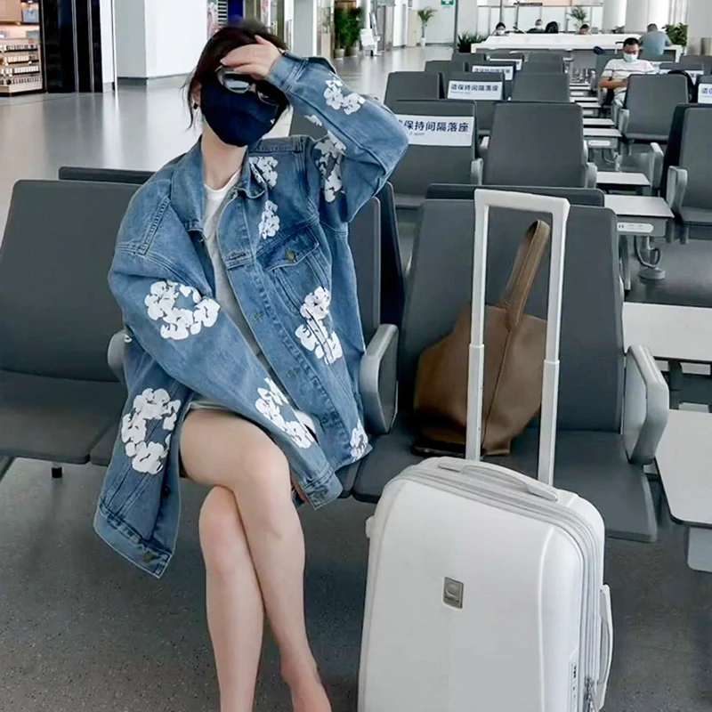 

Flower Printing Slim Denim Jacket Streetwear Cowboy Men's Jean Jacket Pant Boyfriend Stacked Ladies Girls Baggy High Waist Denim