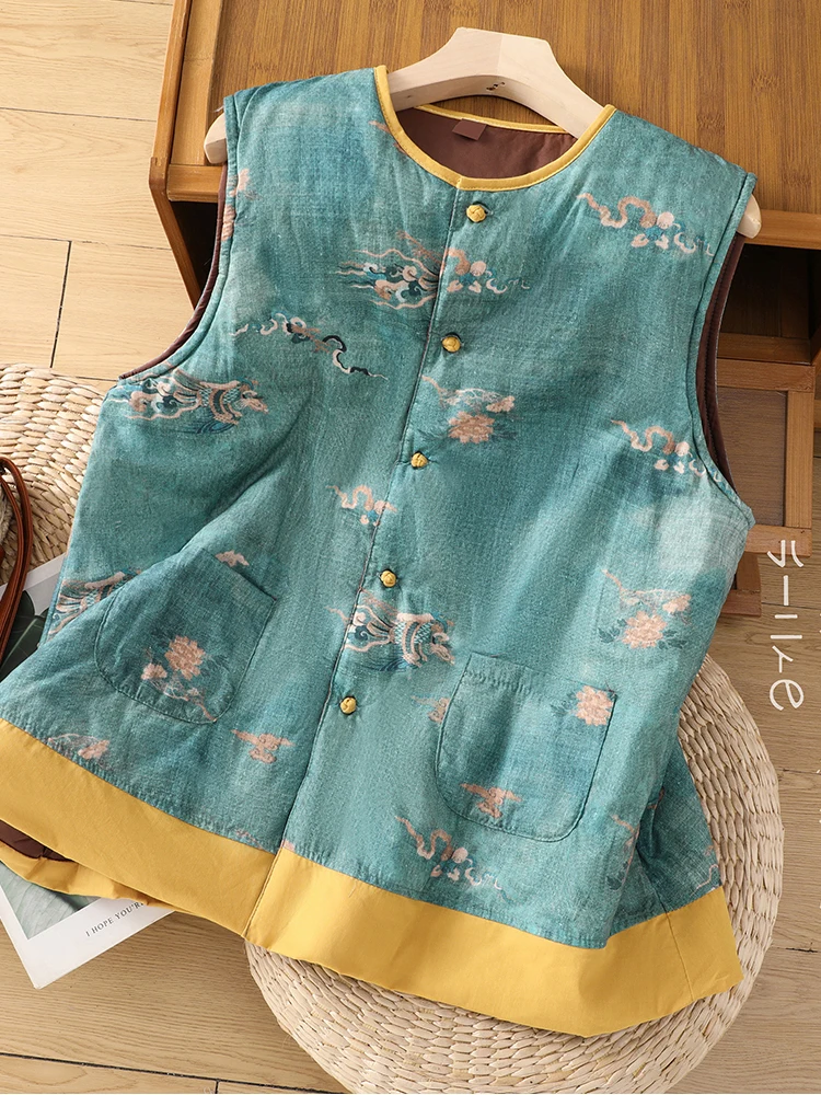 New Chinese Sle Buckle Quilted Vest Women 2024 Winter Retro National Zen Print Waistcoat Cotton-padded jacket Top