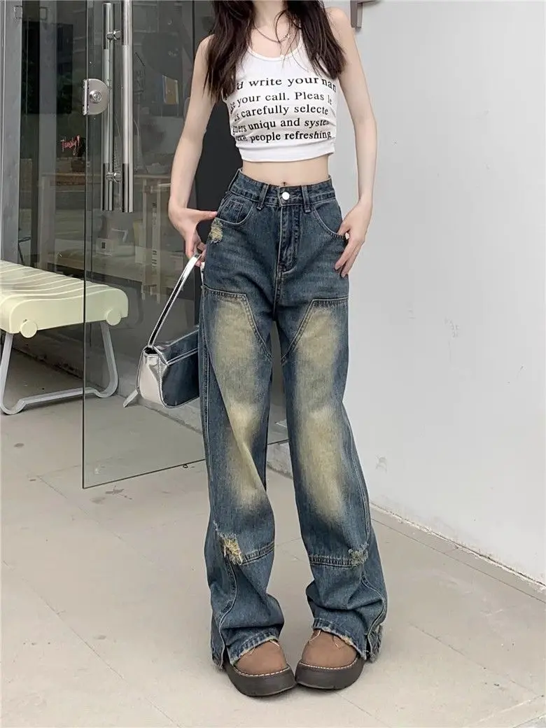 Vintage American High Street Design Straight Jeans Female Summer Broken Holes High Waist Loose Thin Wide-Legged Drag Pants