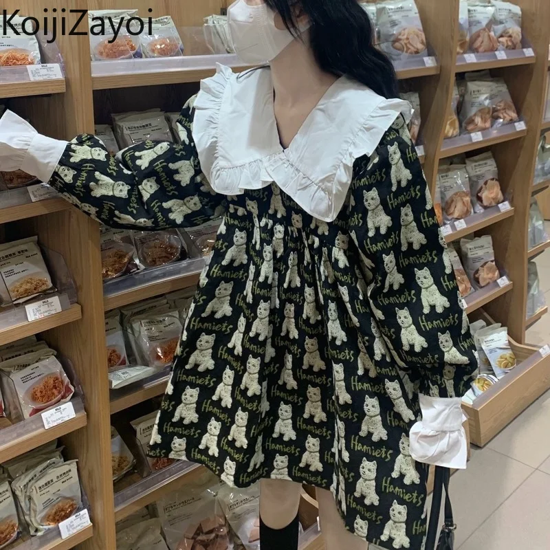 

Koijizayoi Cartoon Women Spring Oversize Mini Short Dress Peter Pan Collar Patchwork Fashion Lady Chi Dresses All Match Vestidos