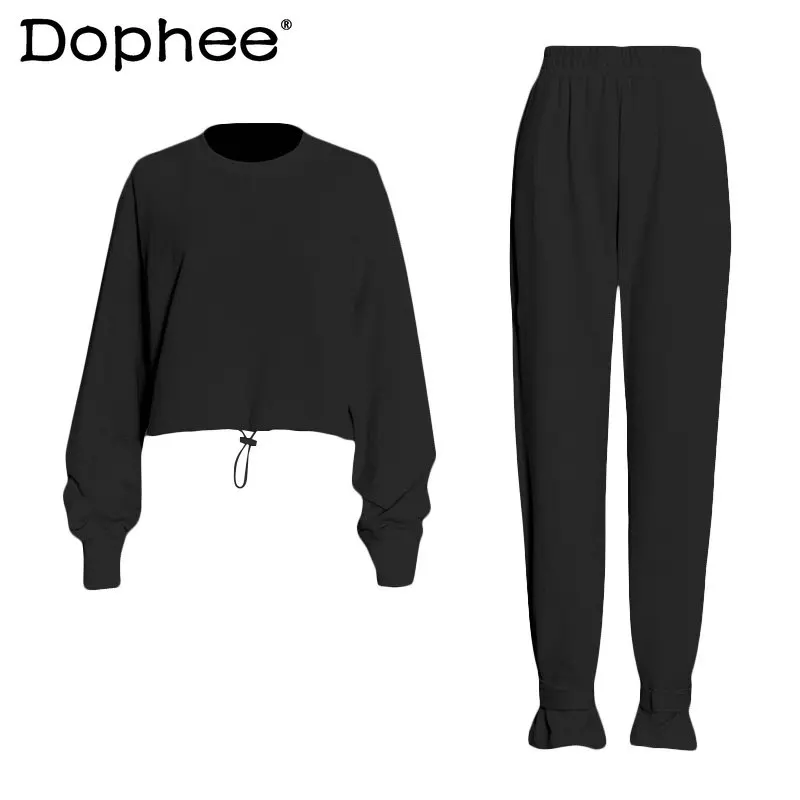 2022 Autumn Long Sleeve Drawstring Round Neck Sweatshirt Elastic Waist Pants Two Piece Set Women Tracksuits