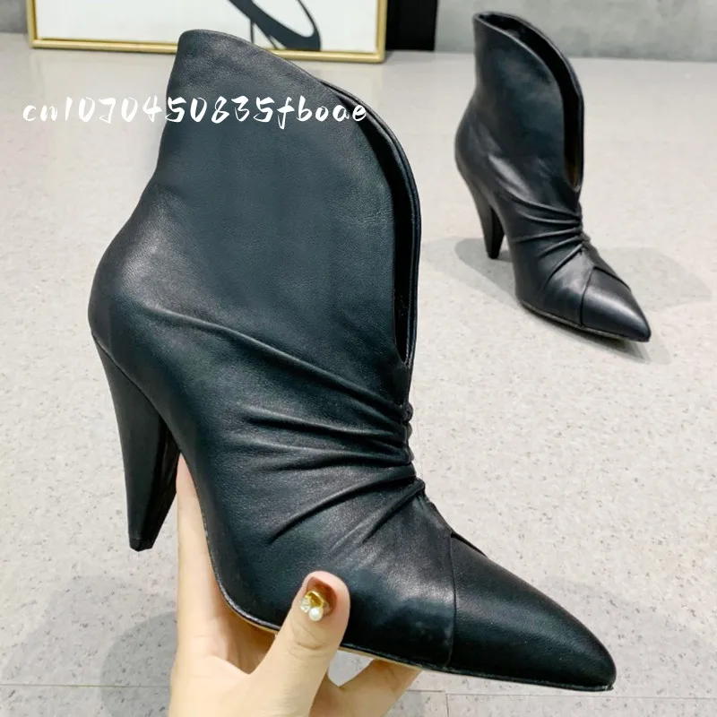 

European Women's Boots Personality Stiletto High Heels Pointed Toe Pleated Leather Shoes Solid Color Luxury Design