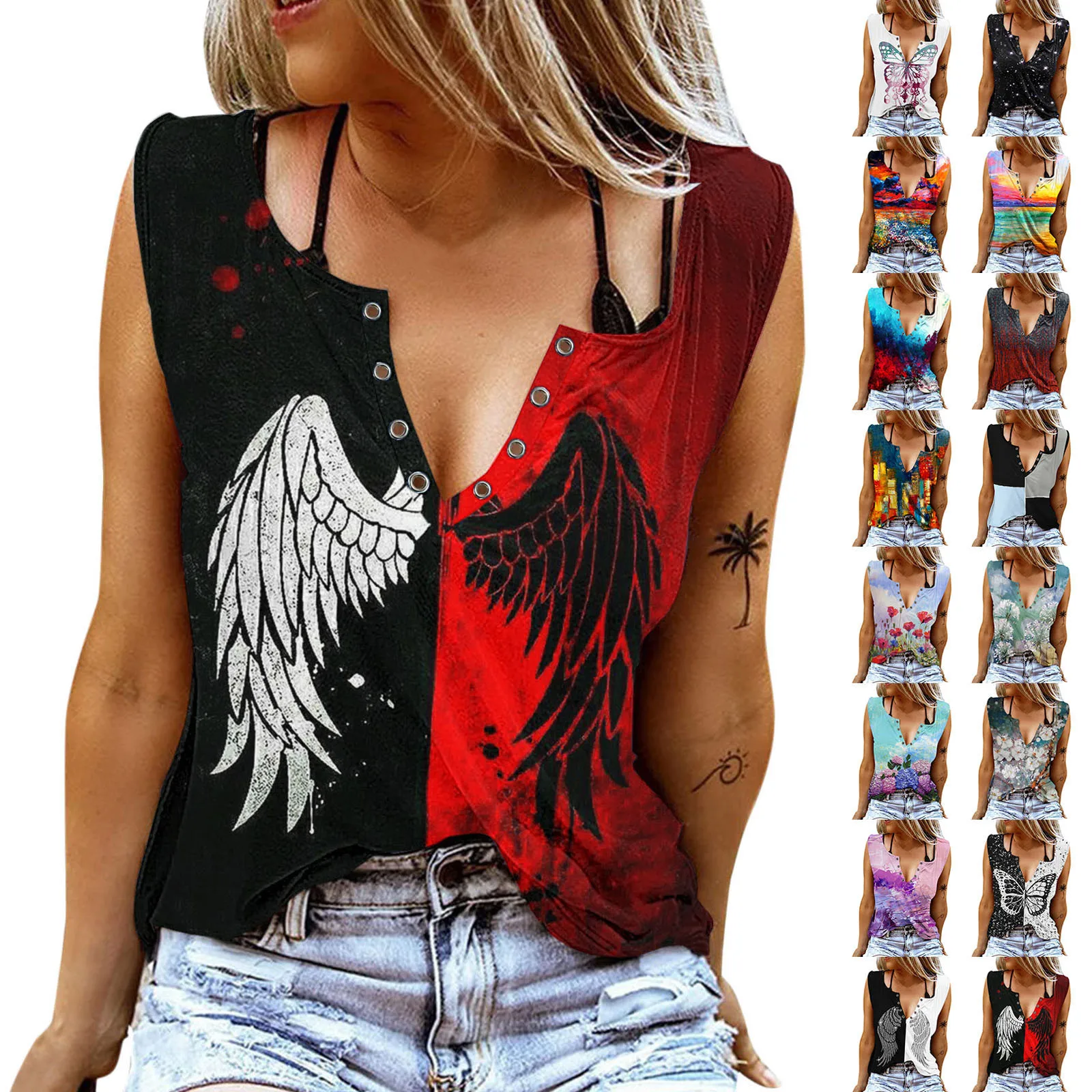 

Sleeveless V Neck Tank Tops For Women Loose Shirts Fit Causal Summer Floral Printed T Shirt Back Cut Top Women Apparel T Shirt