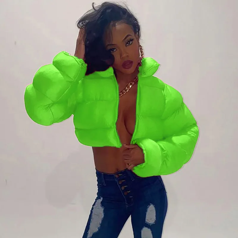 Contrast Color Cotton-padded Jacket Coat Autumn Winter 2022 Women Stand Collar Long Sleeve Cardigan Crop Tops Streetwear