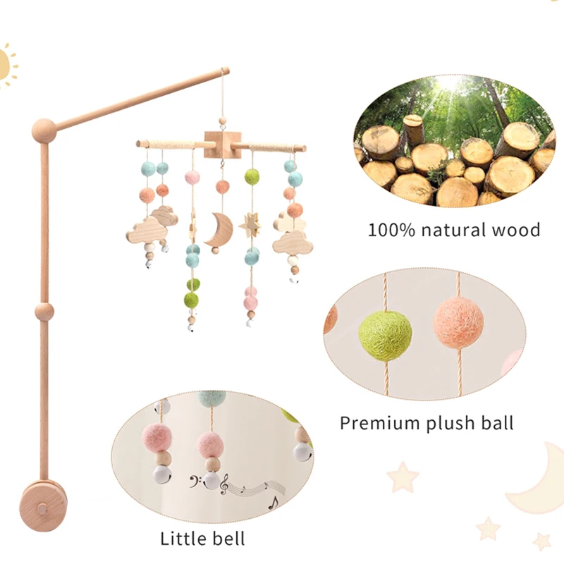 3 unids/set bebé campana de la cama de Luna estrella de madera con forma de móvil brazo de soporte de caja de música Musical infantil juguetes de cuna decoración regalo de nacimiento