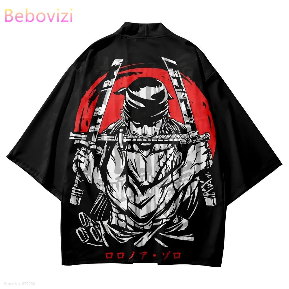 

Japanese Anime Print Traditional Kimono Samurai Cosplay Haori Obi Women Men Cardigan Shirt Beach Yukata Oversized Asian Clothing