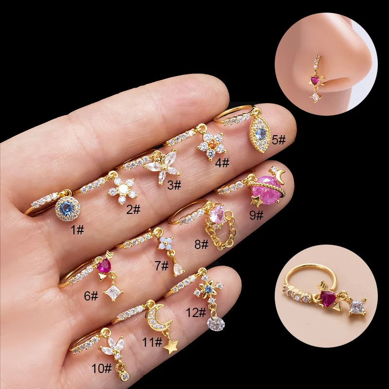 

1PCS 20G New Colorful CZ Flower Butterfly Charm Nose Hoop Dangling Pendant Nose Ring For Women Piercing Jewelry
