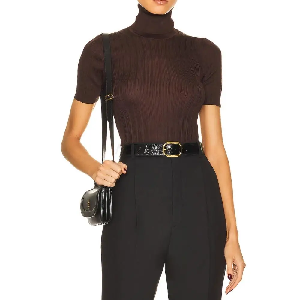 

100% Silk Knit Pure Color Women Pullover Short Sleeve Turtleneck Elasticity Sweater Winter Leisure Thermal Sexy Women Coat