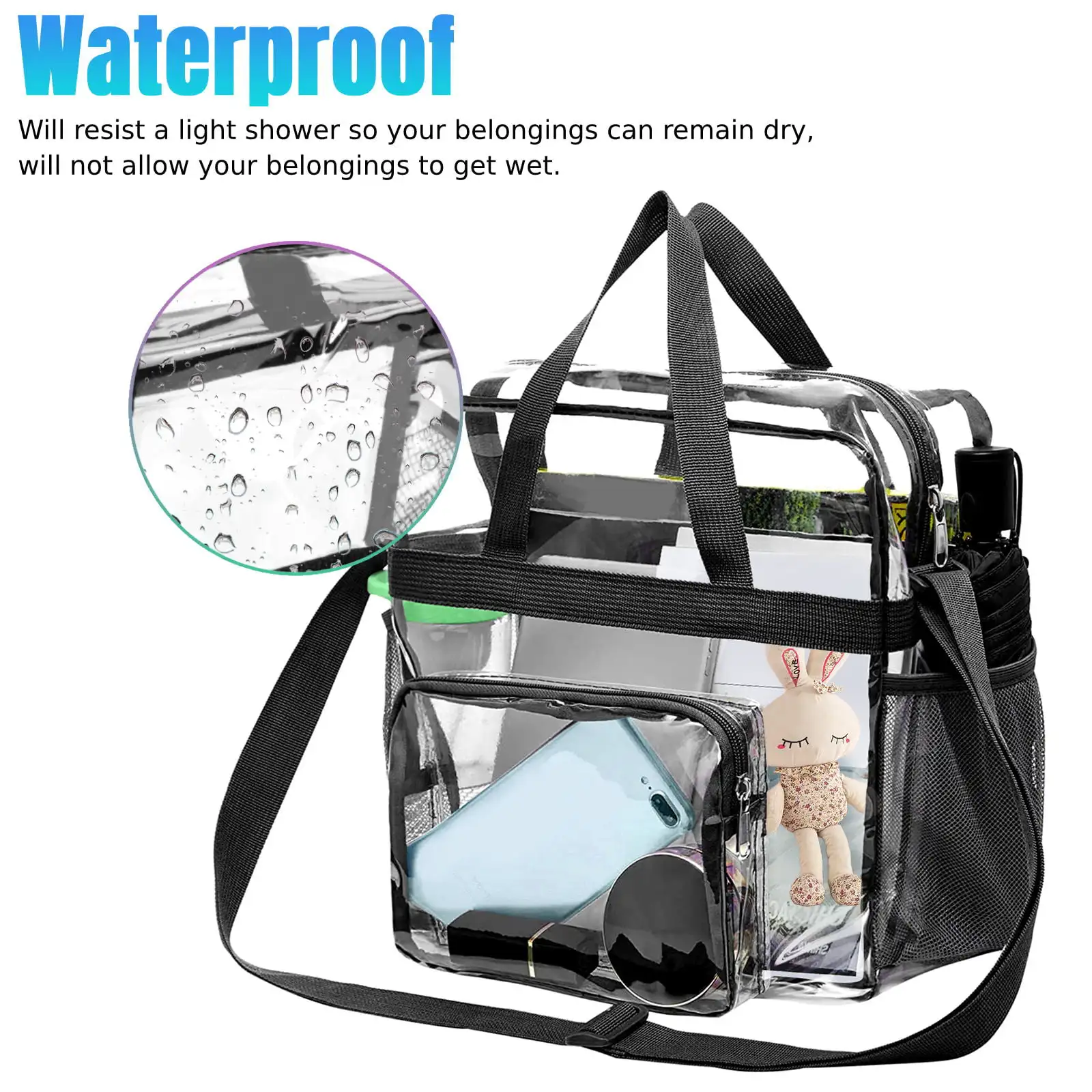 Clear Tote Bag, Clear Bag for Stadium, Clear Plastic Crossbody Bag with Adjustable Strap, Waterproof Messenger Handbag, Travel a