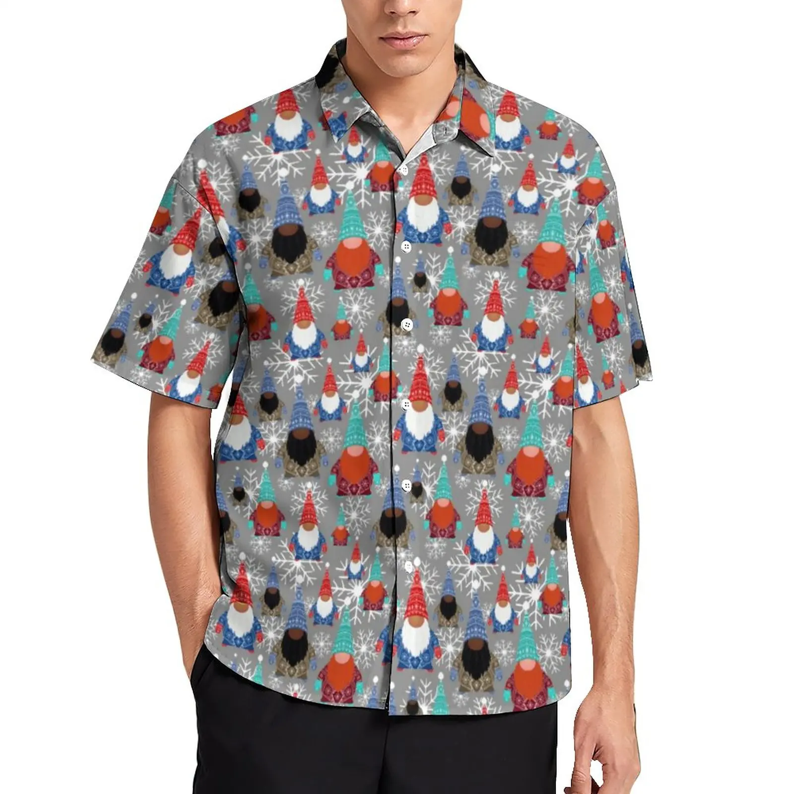 

Рождественская пляжная рубашка в скандинавском стиле, мужские повседневные рубашки в виде гнома и снежинки, Гавайские Необычные блузки большого размера с коротким рукавом и принтом, подарок