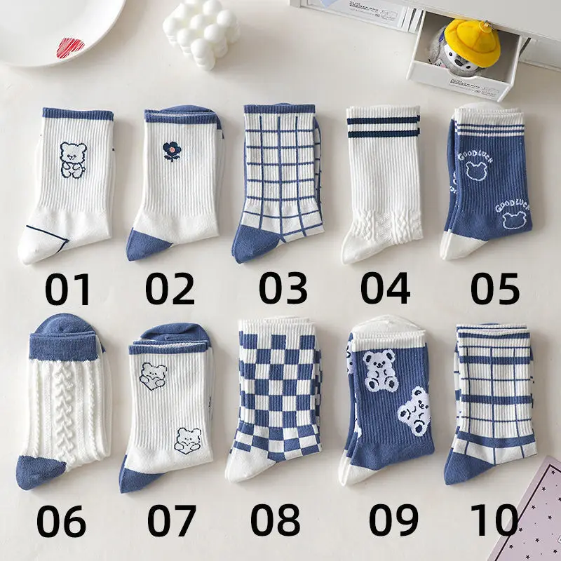

Women's Socks Thicken Medium Tube Plaid Warm Animal Korea All-match Blue Stockings Autumn Winter 2022 New Wholesale