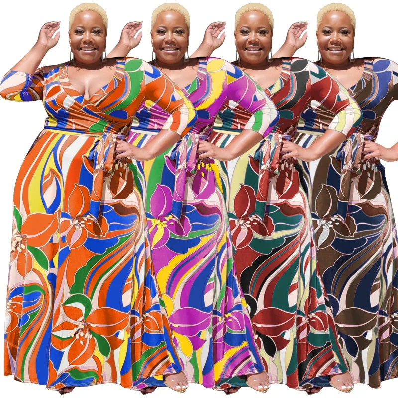 

FNOCE 2022 summer new large flower print belt elastic deep V-neck sexy casual loose plus size women's dress