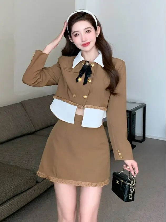 

Женский комплект из 2-х предметов, комплект из двух предметов, двубортный лоскутный пиджак и мини-рубашка с бахромой, модный универсальный галстук-бабочка