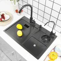 60x42cm hidden cup washer multifunctional sink black nano stainless steel sink thickened kitchen sink with trash can