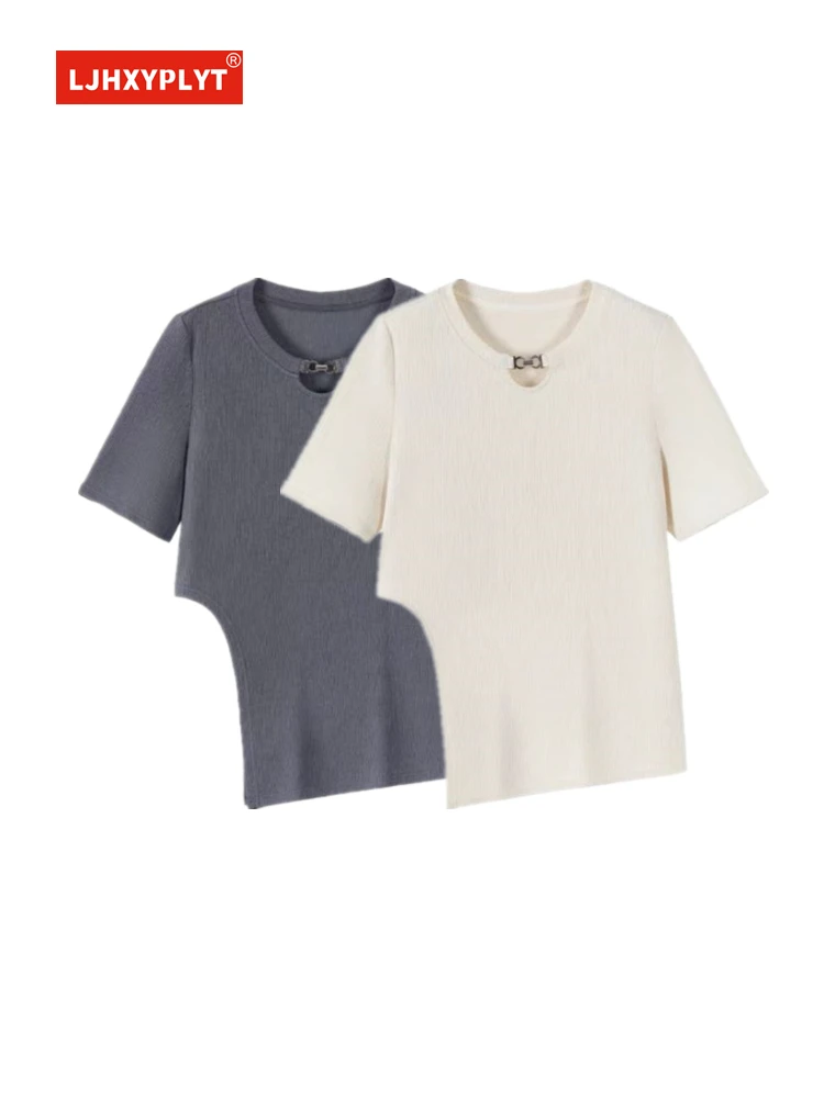 

Irregular Hem Short-sleeved T-shirt Women's Summer New Simple Style Casual Solid Color Loose Crew Neck Thin Grey Top Female