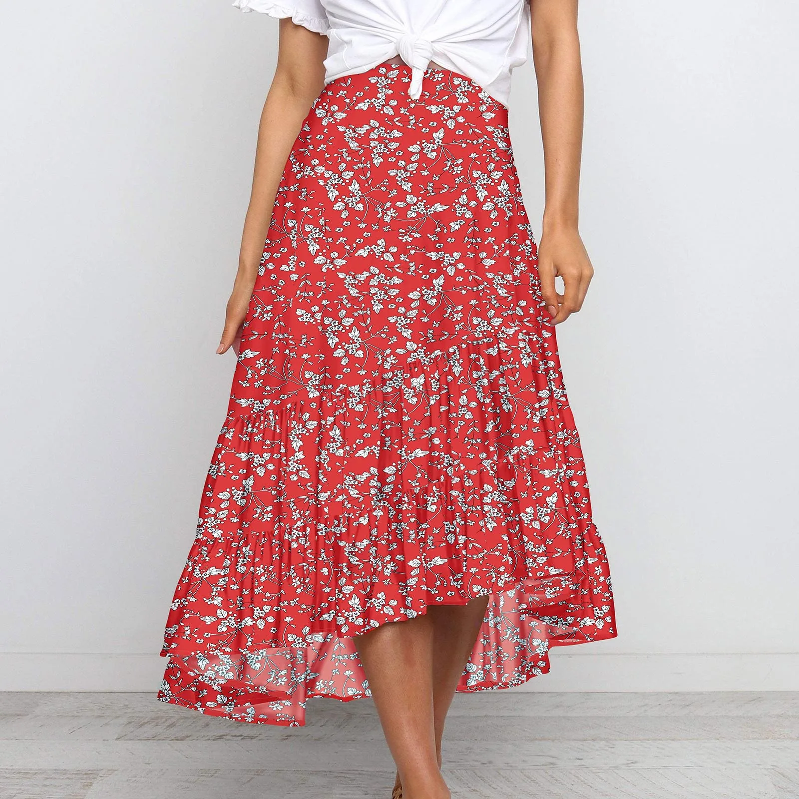 

Belly Dance Skirt Print Ruffle Casual Mid-length Flower Women High Waist Chiffon Skirt Fashion Print Girls Tulle Skirt Dress