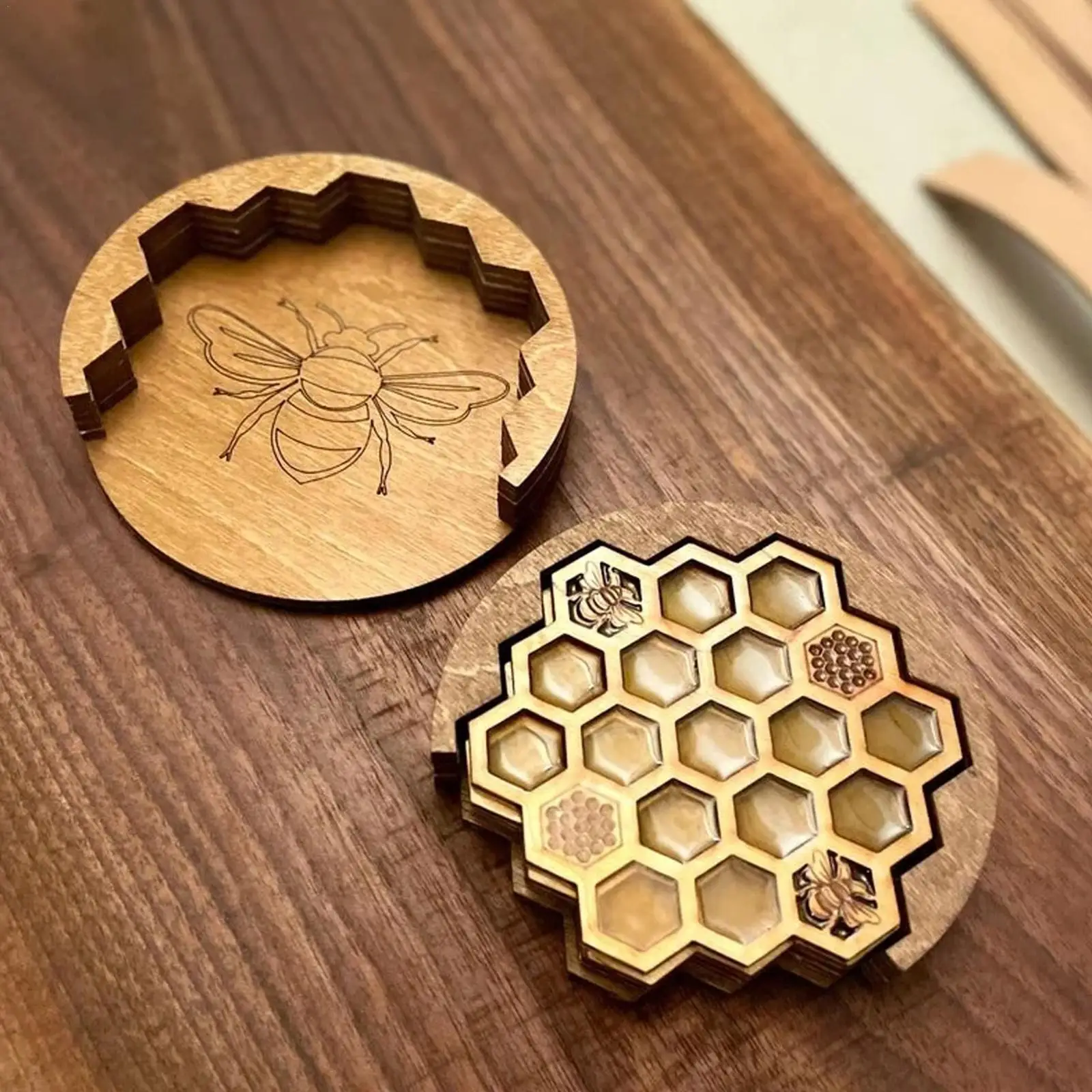 

4pcs Silicone Honeycomb Coaster Drink Coffee Cup Mat With Wooden Mat Base Table Placemats Tea Pad Table Pad Holder