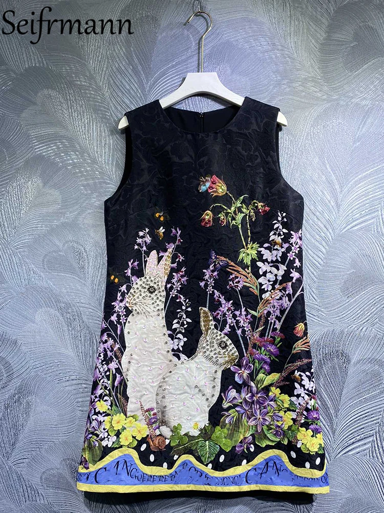 Seifrmann High Quality Summer Women Fashion Designer Mini Dress Sleeveless Crystal Beading Flower Printed Jacquard Tank Dresses