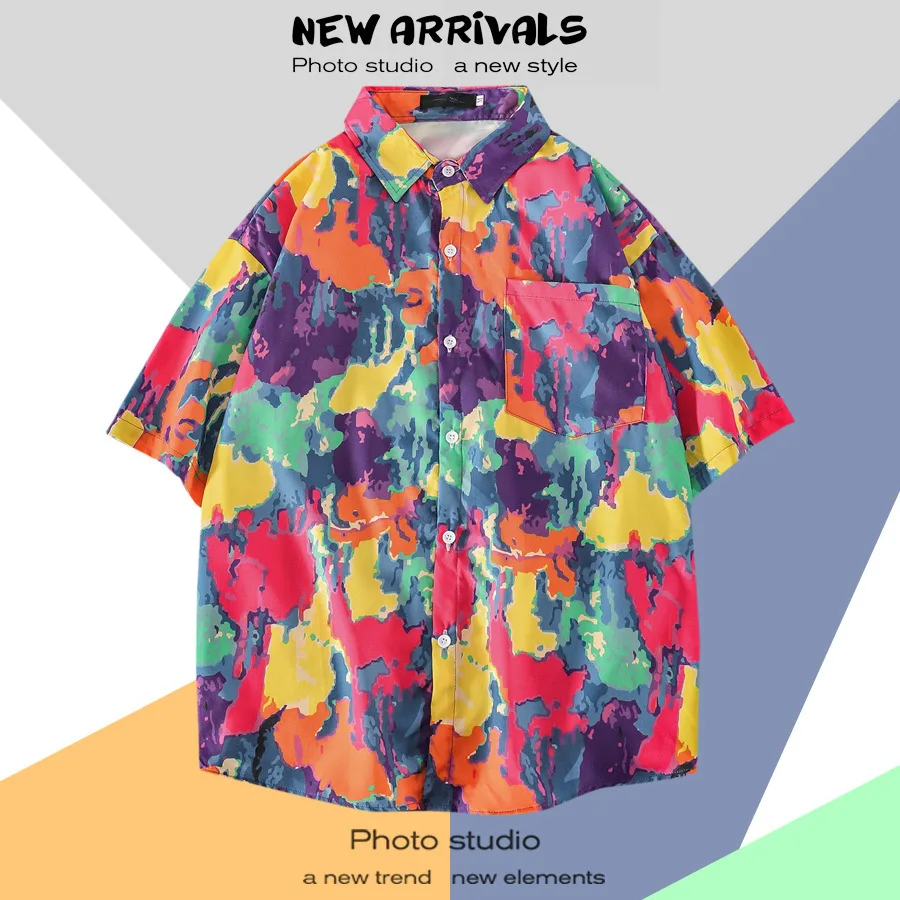 

New Inc Flower Shirt Men and Women Hong Kong Style Chic Retro Trend Casual Loose Beach Travel Hawaii Short-sleeved Shirt M-3xl