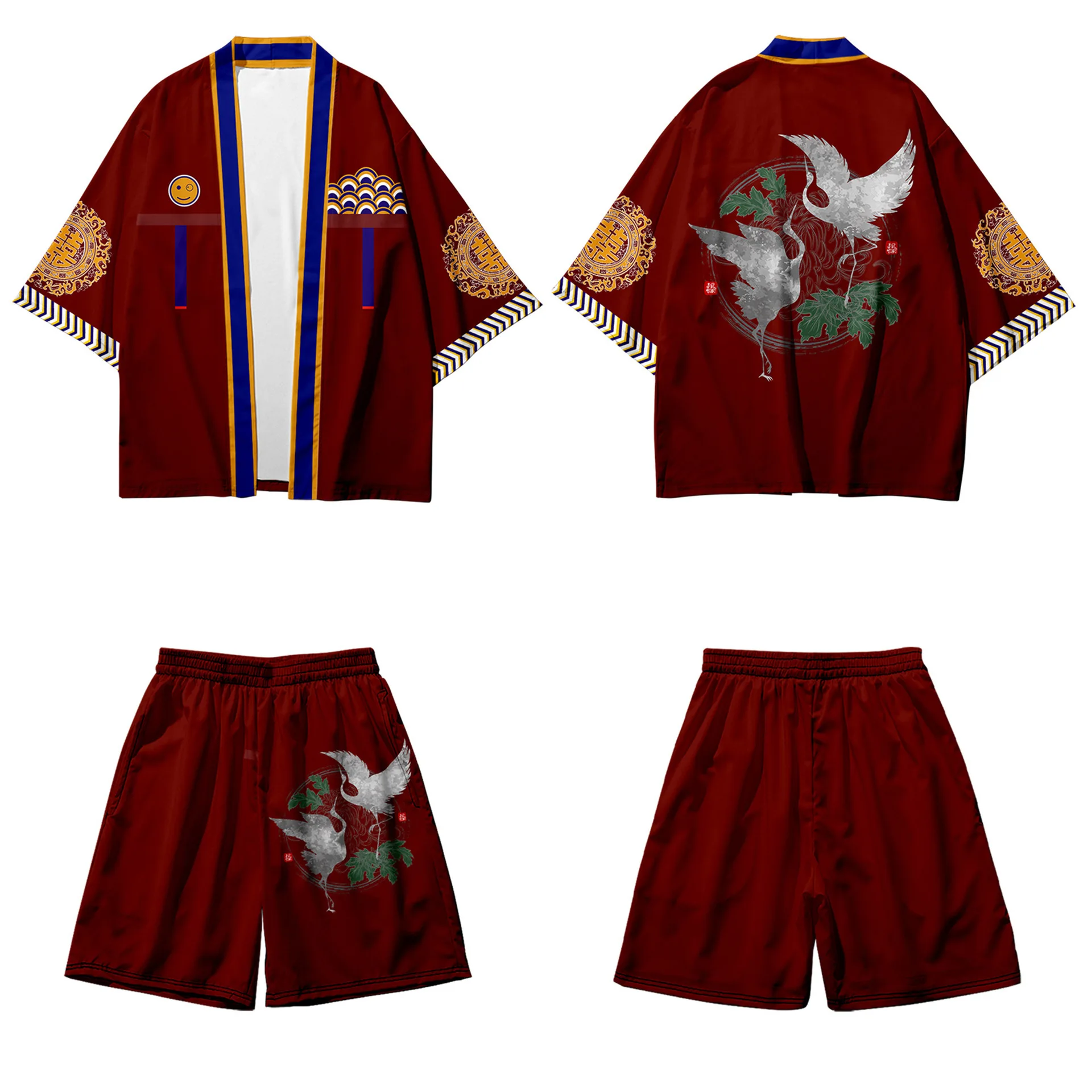 2PCS Men Chinese Robe Sets Print Crane 3/4 Sleeve Rayon Cardigan Shirts Kimono Pajamas Suit Casual Couple Bathrobe Home Clothes