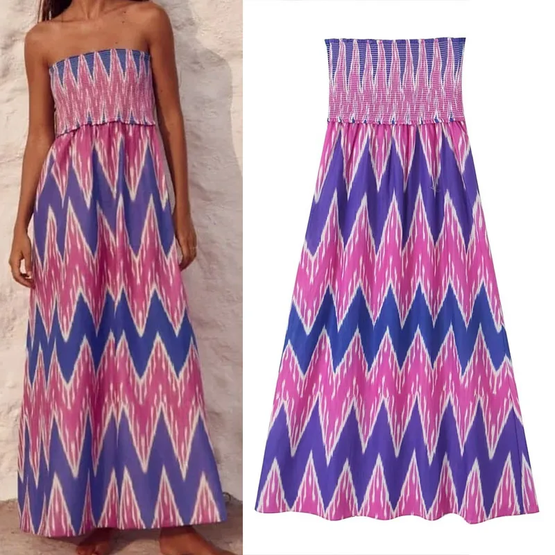 

Женское длинное платье без бретелек, с принтом