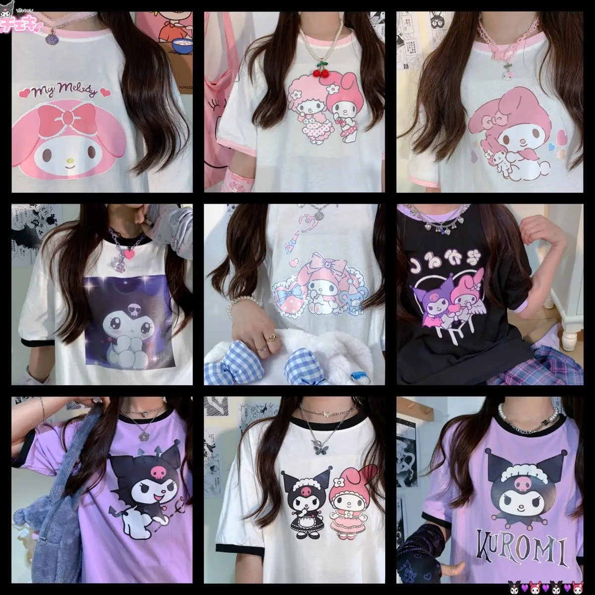 

2022 Kawaii Sanrio Mymelody Cinnamoroll Kuromi Jk Girl Cute Cartoon Anime Cotton Short-Sleeved T-Shirt Loose Girlfriend Gift