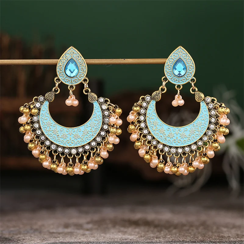 

Exaggerated Retro Indian Style Large Pendant Earring Blue Zircon Pearl Tassel Earrings Design Sensible Stud Jewelry Accessories