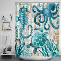 nautical biological shower curtain blue ocean sea turtles octopus seahorse beach coral reef map waterproof fabric bath curtains