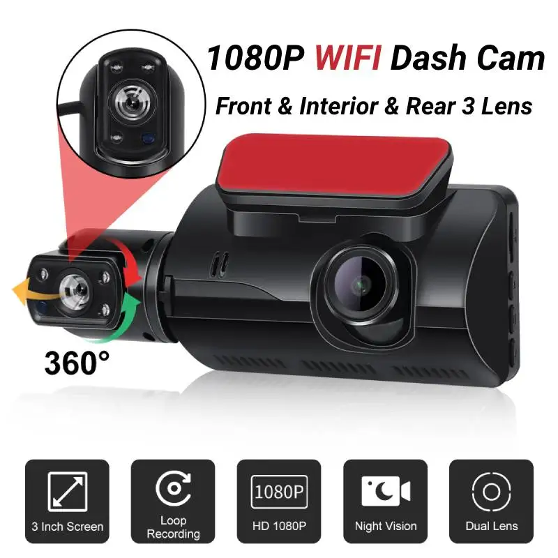 3 Inches Wifi Dash Cam For Car Front And Rear And Interior 3 Camera Car Recorder Night Vision DVR Dual Lens Dashcam Black Box