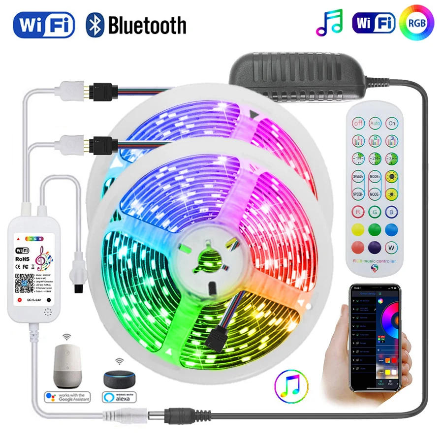 Светодиодная ленсветильник с Wi-Fi, 5-30 м, s, Bluetooth, 10, MRGB, светодиодная лампа 5050 SMD, гибкая, 25 м, водонепроницаемая, 2835 Диодная, DC, Wi-Fi управление + ад...