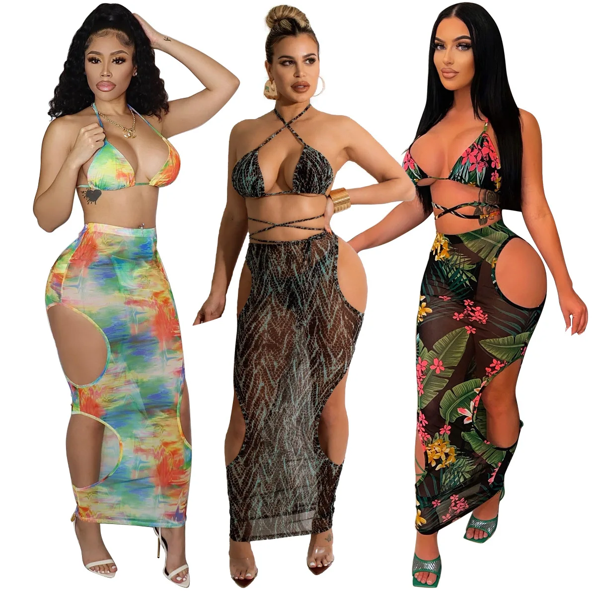 

2022 Spring And Summer Women Sexy Perspective Print Beach Bikini Skirt Suit
