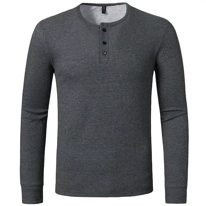 

NEW IN T Shirt Men Long Sleeve Henley Collar Solid Color Tee Tops Mens Casual Slim Fit Tshirts Men White Black Gray Tees Daily W