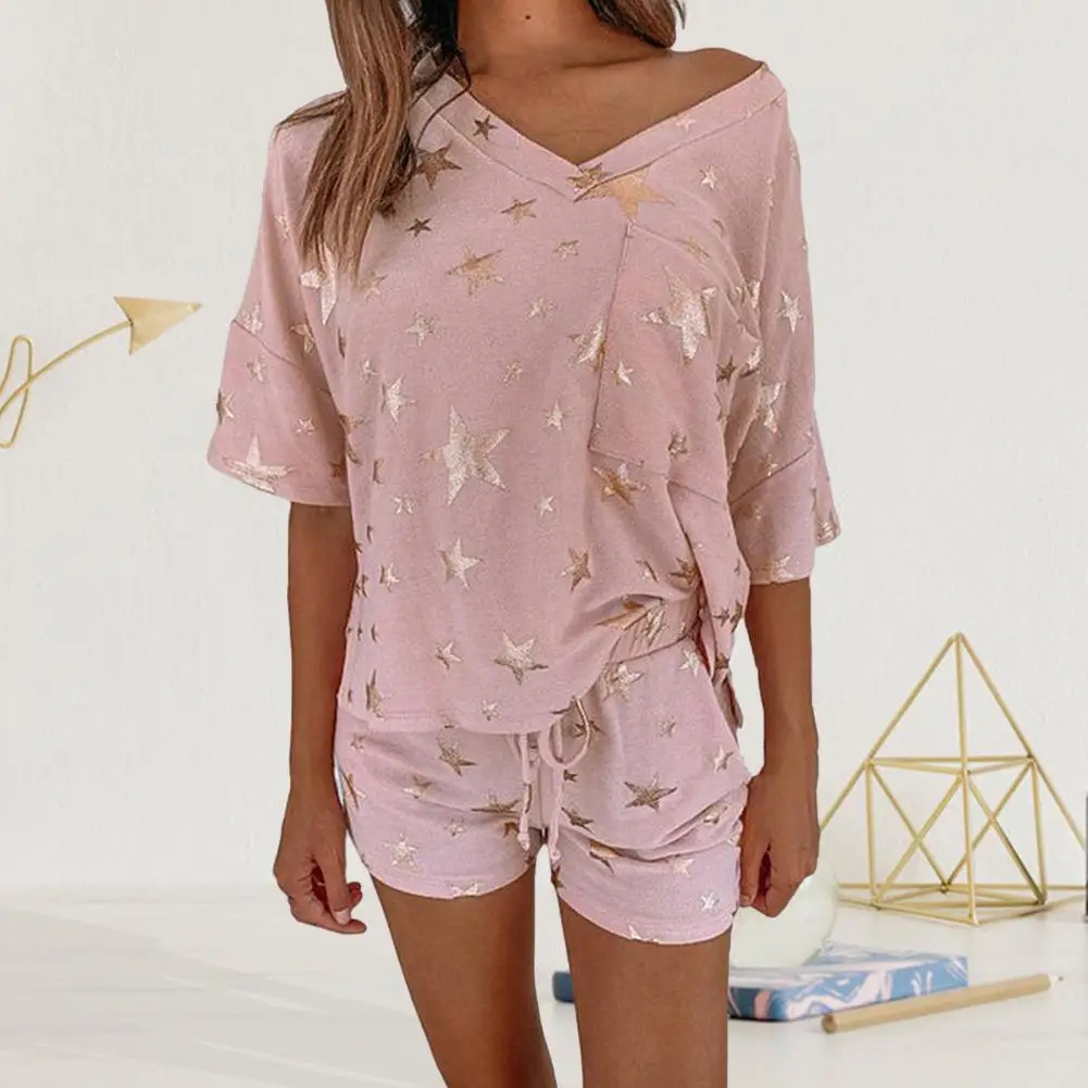 

Polyester Sleepwear for Bathroom Suit Five-pointed Star Print Convenient Short Sleeve Top Pants Suits for Bathroom