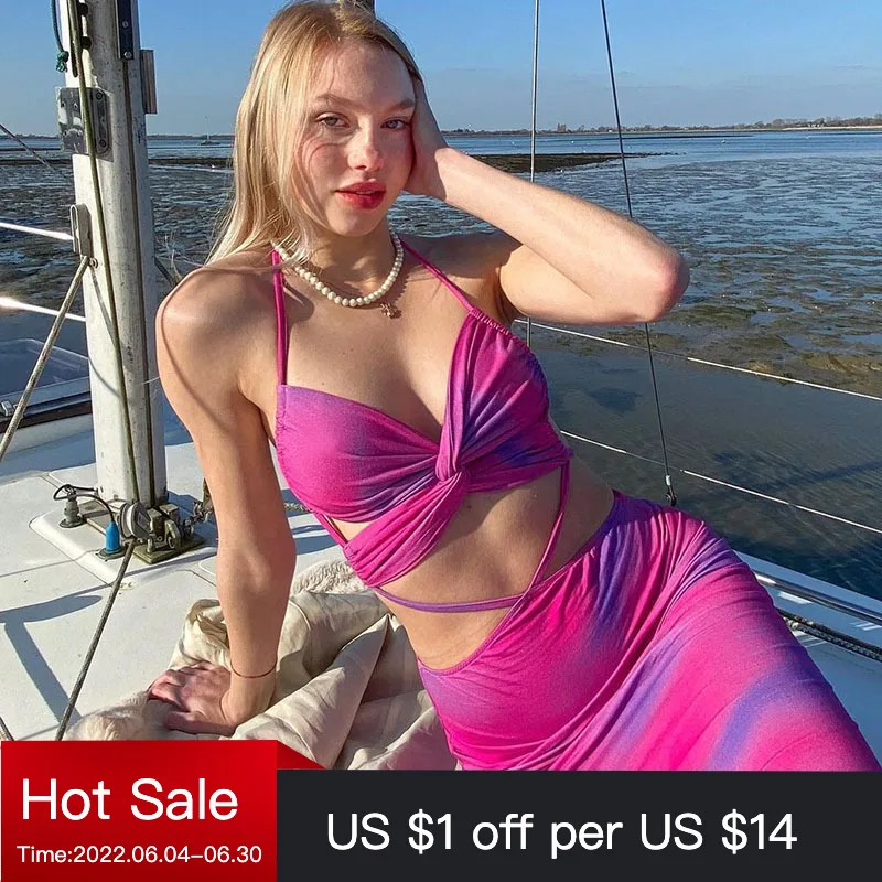 

Tie Dye Print Y2K 2 Piece Set Women Cross Bandage Sexy Crop Top And Long Skirts Matching Outfit Pink Female Skirt Suits