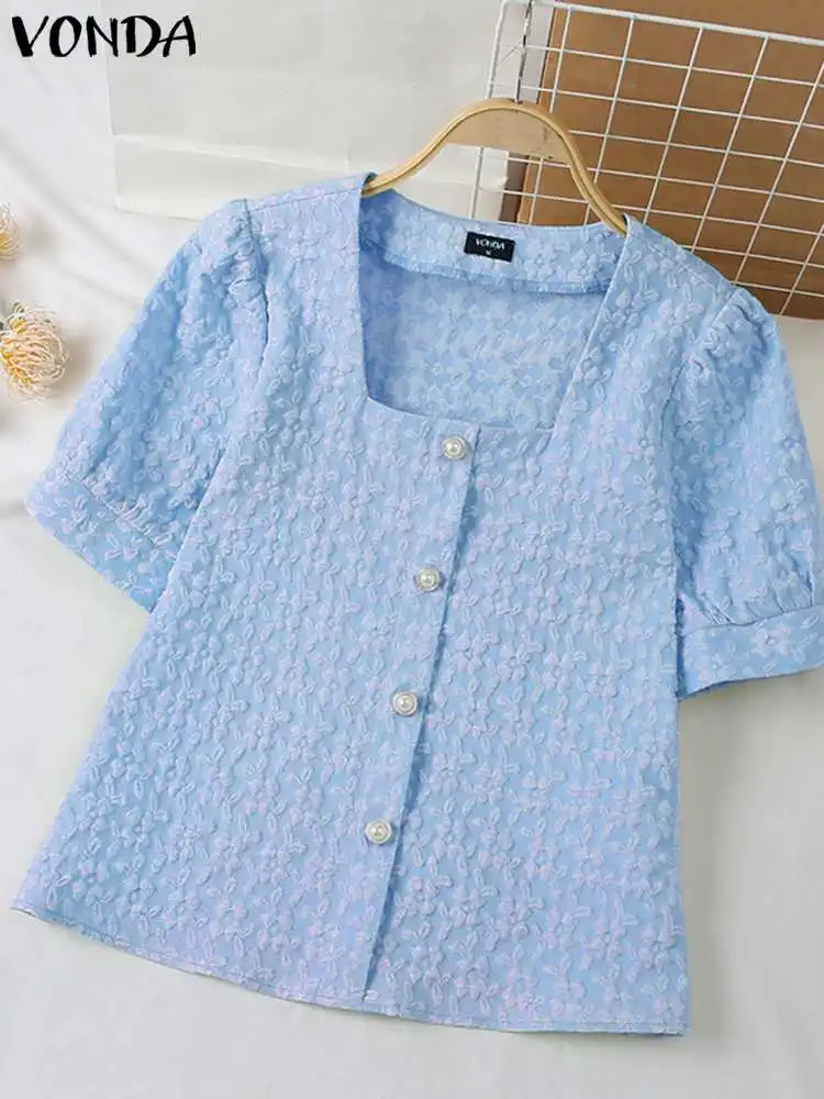 

VONDA Women Square Collar Summer Shirts 2023 Casual Solid Color Elegant Blouses Fashion Tunic Tops Short Sleeve Blusas Femininas