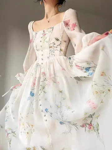 Женское элегантное платье-миди с цветочным рисунком, весеннее цельное платье принцессы во французском ретро-стиле, длинное платье с квадратным вырезом